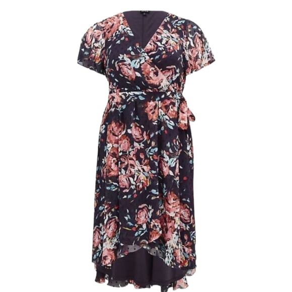 Torrid Faux Wrap Hi-Low Midi Dress Swiss Dot Floral Dark Gray and Pink L/12/0 - Picture 3 of 13